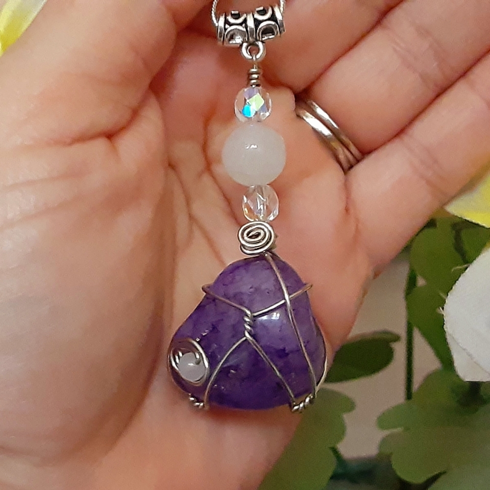 SOLD boho purple crackle quartz, rose quartz crystal pendant necklace